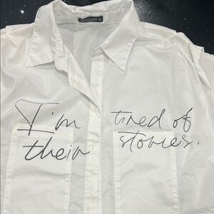 White Casual Button Down Shirt with Graphic Text